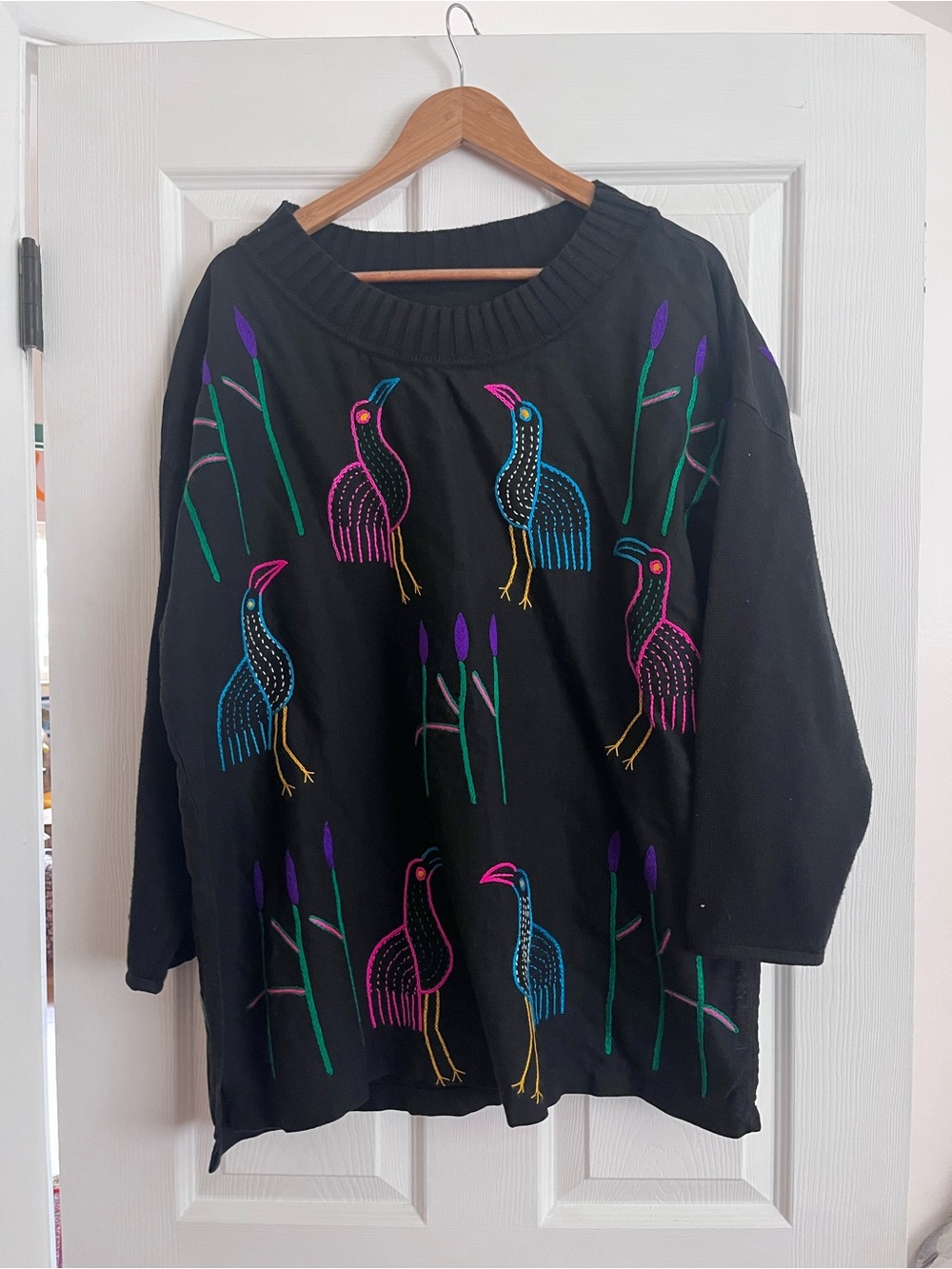 Vintage • Black Off-the-Shoulder Bird Embroidered Sweater